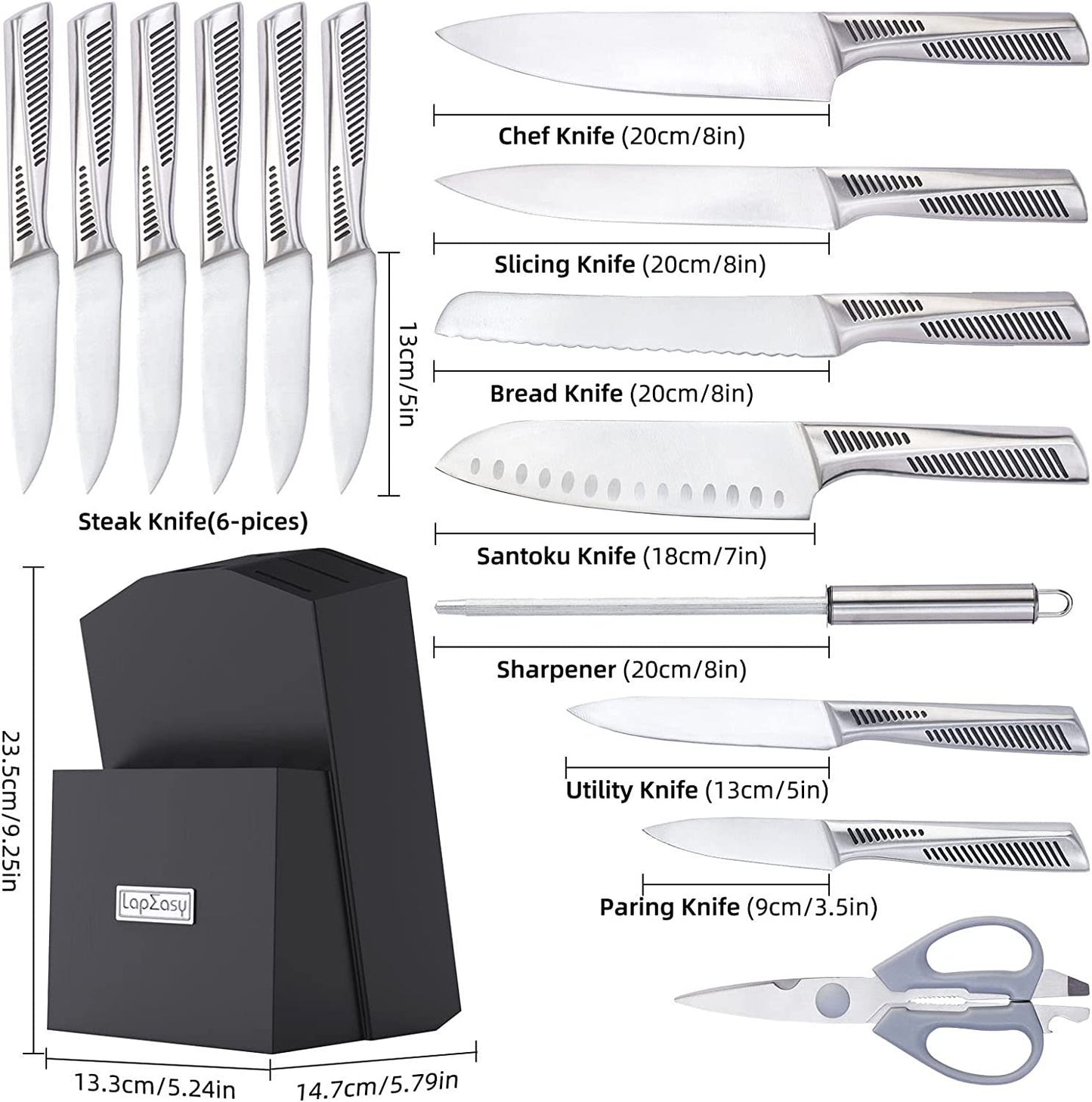 Kitchen Knife Set. 15 Piece Knife Sets With Chef Knife Stainless Steel Hollow Handle Cutlery With Manual Sharpener.